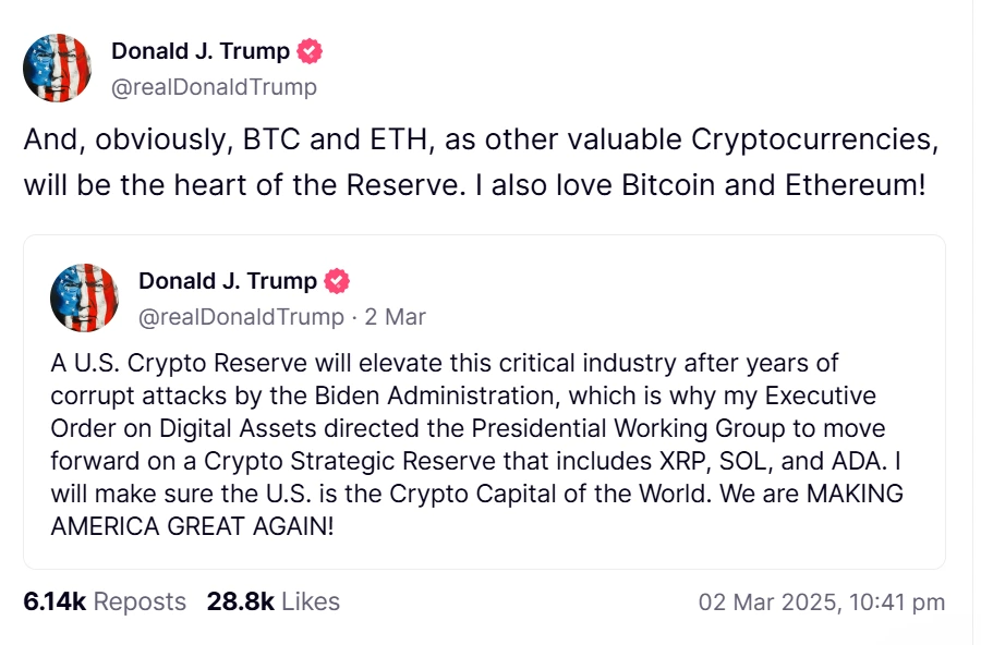 Donald trump Post on truthsocial about  US Strategic Crypto Reserve