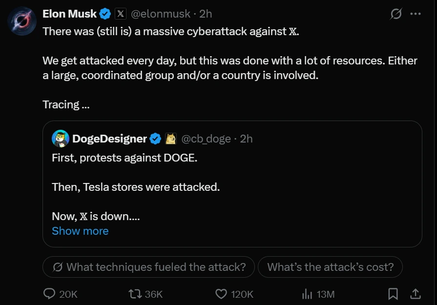 elon musk says X (formerly Twitter) was down because of massive cyber attack