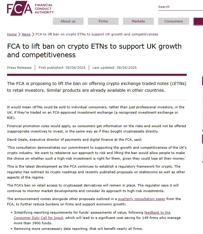 UK FCA proposed to lift the ban on crypto ETNs for retail investors