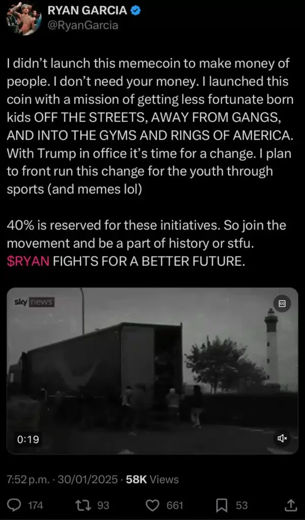 Ryan Garcia's Teweet (x post) about Ryan meme coin after crash