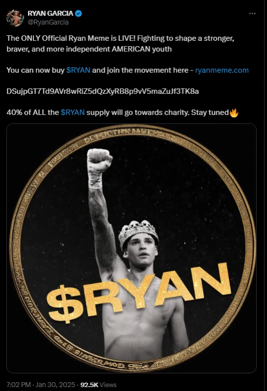 Ryan Garcia's deleted Teweet (x post) about Ryan meme coin