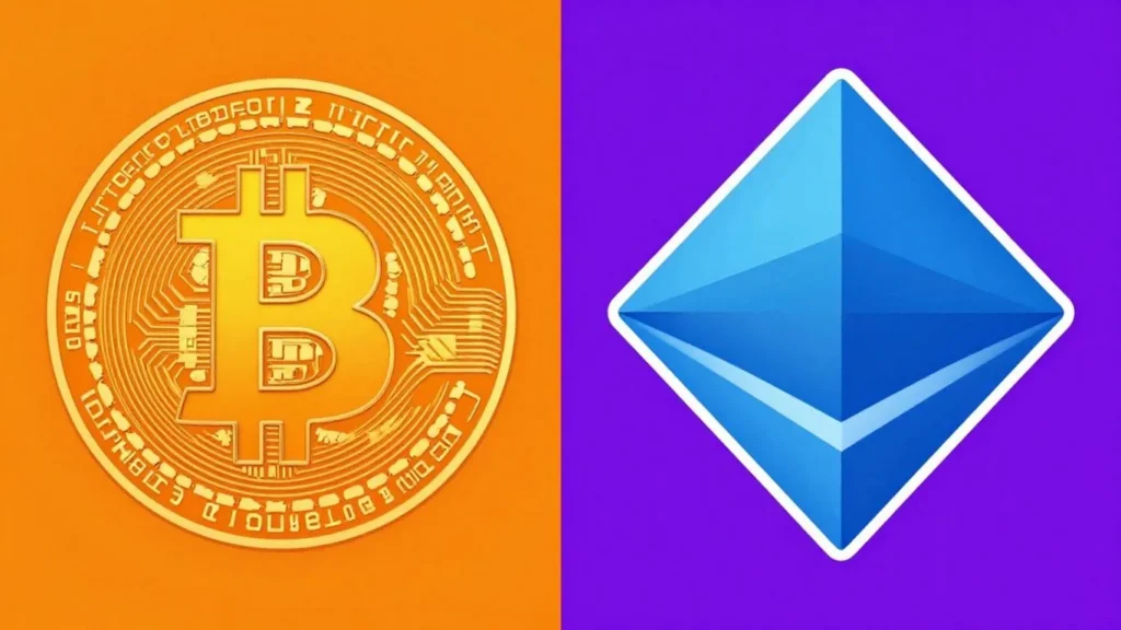 Bitcoin and Ethereum logos side-by-side.