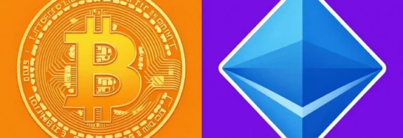Bitcoin and Ethereum logos side-by-side.